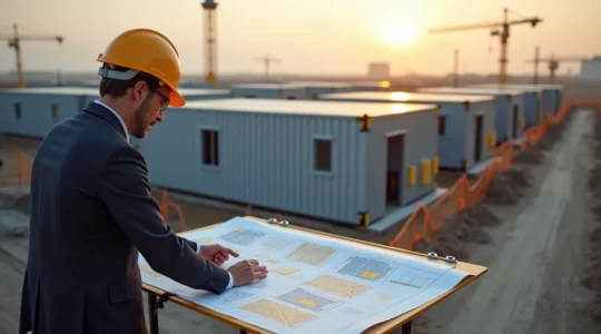 Professionnel examinant des plans de construction modulaire sur un chantier avec des modules préfabriqués en arrière-plan