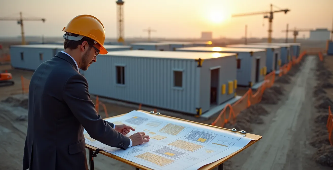 Professionnel examinant des plans de construction modulaire sur un chantier avec des modules préfabriqués en arrière-plan