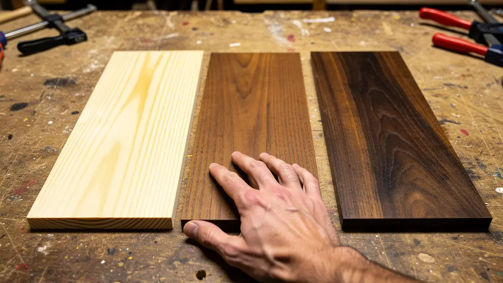 Trois échantillons de bois terrasse (pin, Thermowood, exotique) sur établi