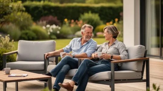 Couple installé sur terrasse bois avec mobilier de jardin à Cholet