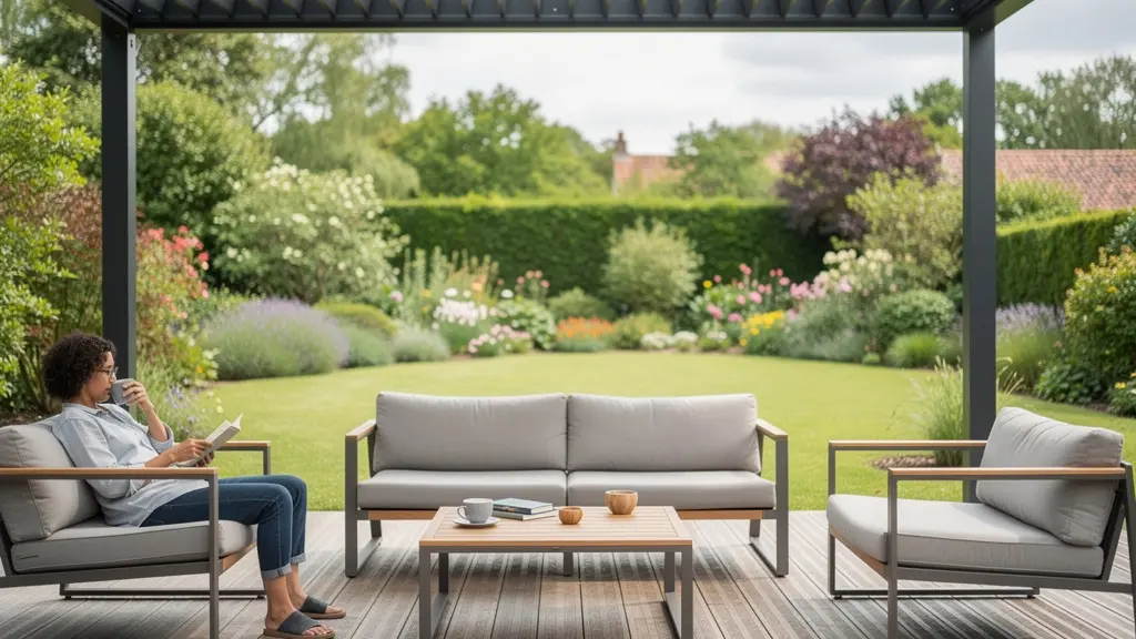 Terrasse bois avec pergola bioclimatique ouverte et mobilier de jardin