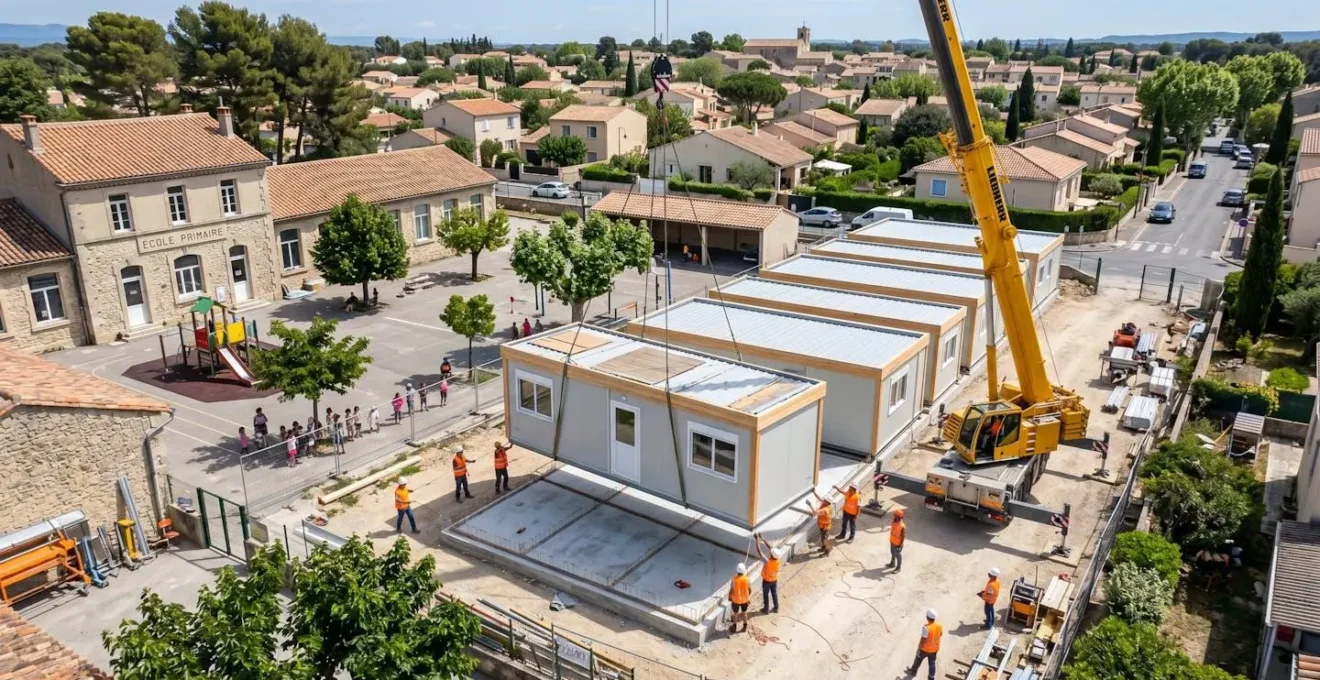 Vue d'un module scolaire préfabriqué en cours d'installation sur le terrain d'une école primaire municipale