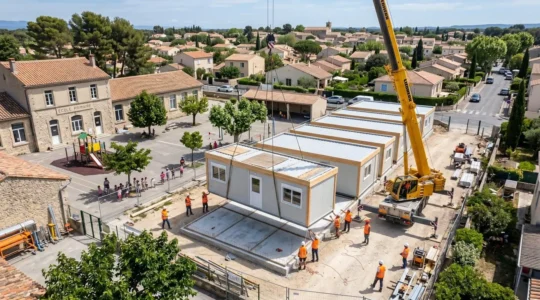 Vue d'un module scolaire préfabriqué en cours d'installation sur le terrain d'une école primaire municipale