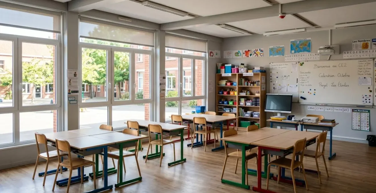 Intérieur d'une salle de classe modulaire lumineuse et équipée pour des élèves d'école primaire
