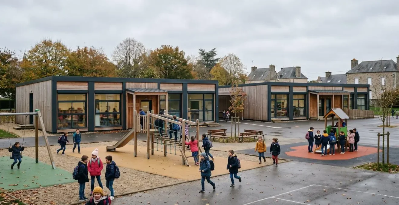 Façade de modules scolaires modulaires installés dans une cour d'école avec vue sur un espace de jeux extérieur